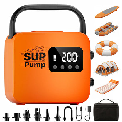 Paddle Board Electric Pump with 18000mAh Battery – 20 PSI, Auto Shut-Off, Inflate & Deflate, AC/12V & USB Emergency Power for Kayaks & Inflatable Boats