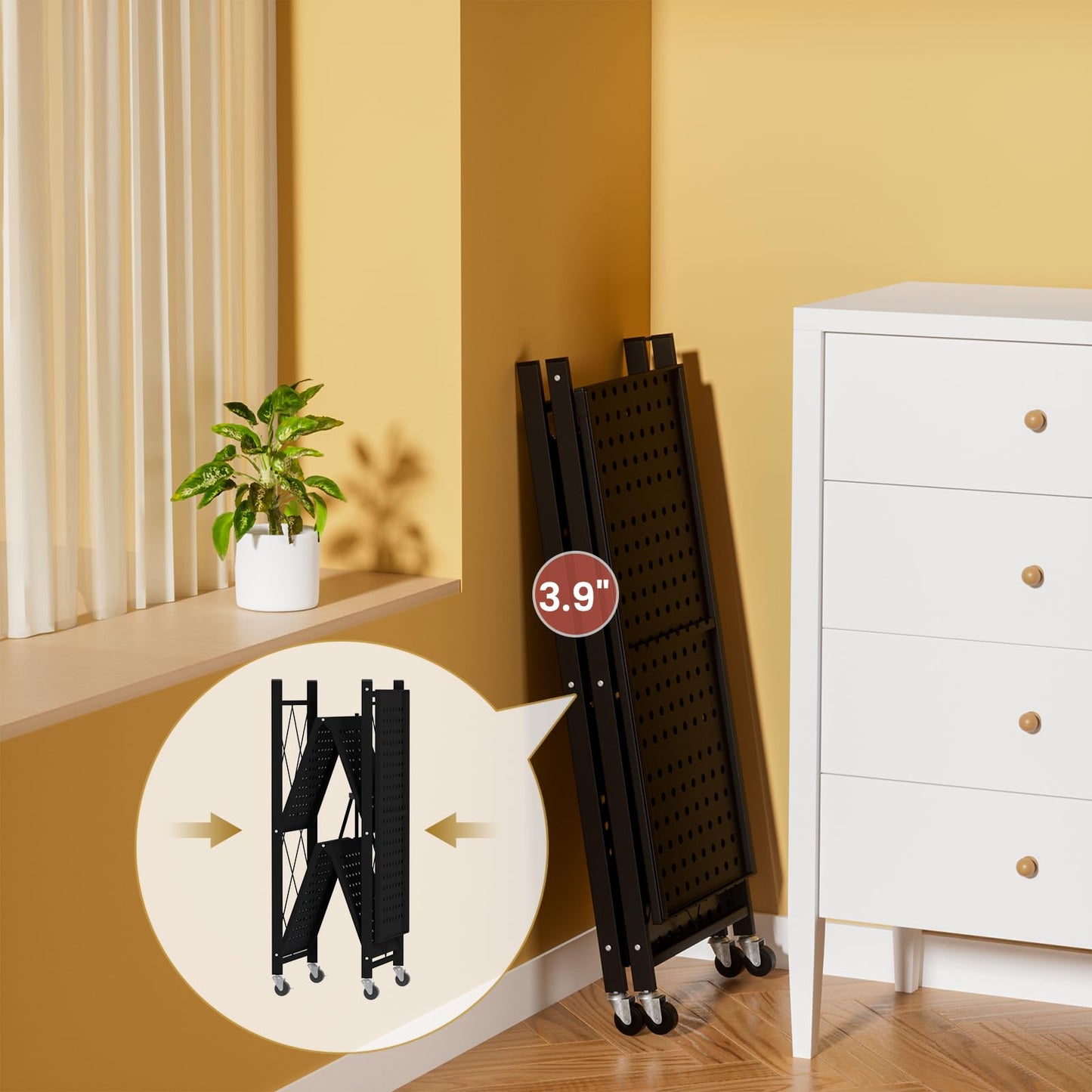ALANNG Folding Storage Shelves with Wheels, 3 Tier and 4 Tier (2 Pack, Black)