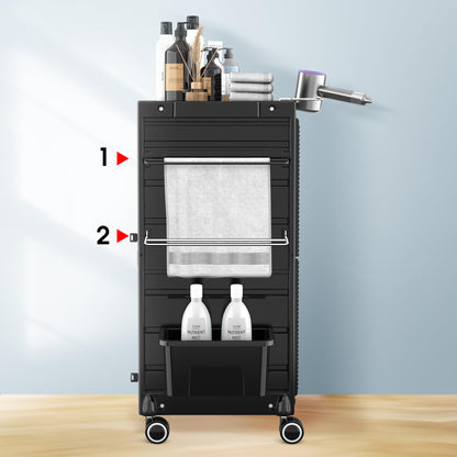 Lockable Salon Trolley Salon Cart on Wheels Rolling Tray Large Storage Salon Trolley W/Towel and Mirror Rack, Heat Resistant Appliance Rack, 4 Remove Drawers, 2 Buckets for Salon Spa Store