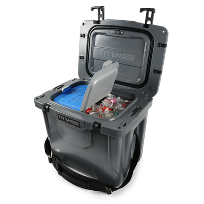 Titan PRO High Performance Ice Chest - 25 Quart Capacity - Hard Cooler with Interior LED Light, Ice Saver Performance Booster and Microban Protection - Granite Gray