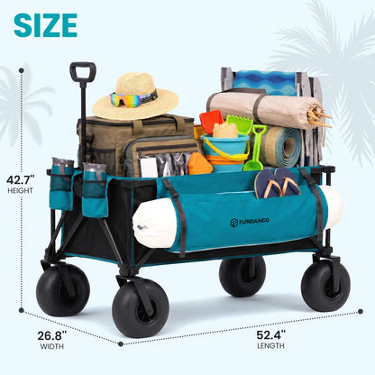 FUNDANGO Heavy Duty Beach Wagon with 9" Big Sand-Proof Wheels, 300L Large Beach Wagons with Balloon Wheel, Folding Collapsible All Terrian Cart with Side Pockets for Sports, Camping, Pump Included