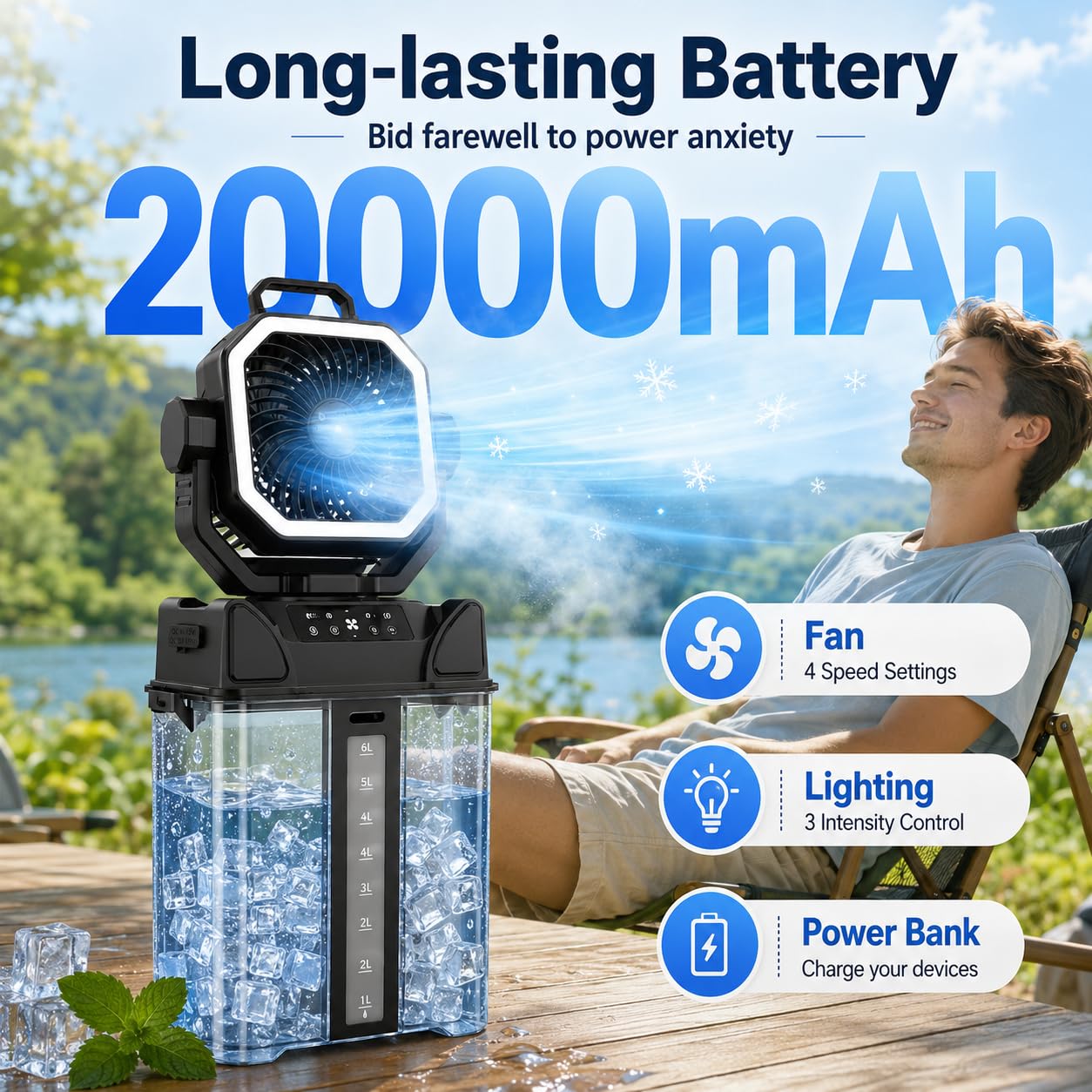 Eauah Portable Misting Fan, Heavy Duty Outdoor Misting Fan with 40000mAh Battery, Large Misting Fan Outdoor, Portable Patio Fan with Remote, Oscillating Camping Cooling Fan, 6L Water Tank (Black)