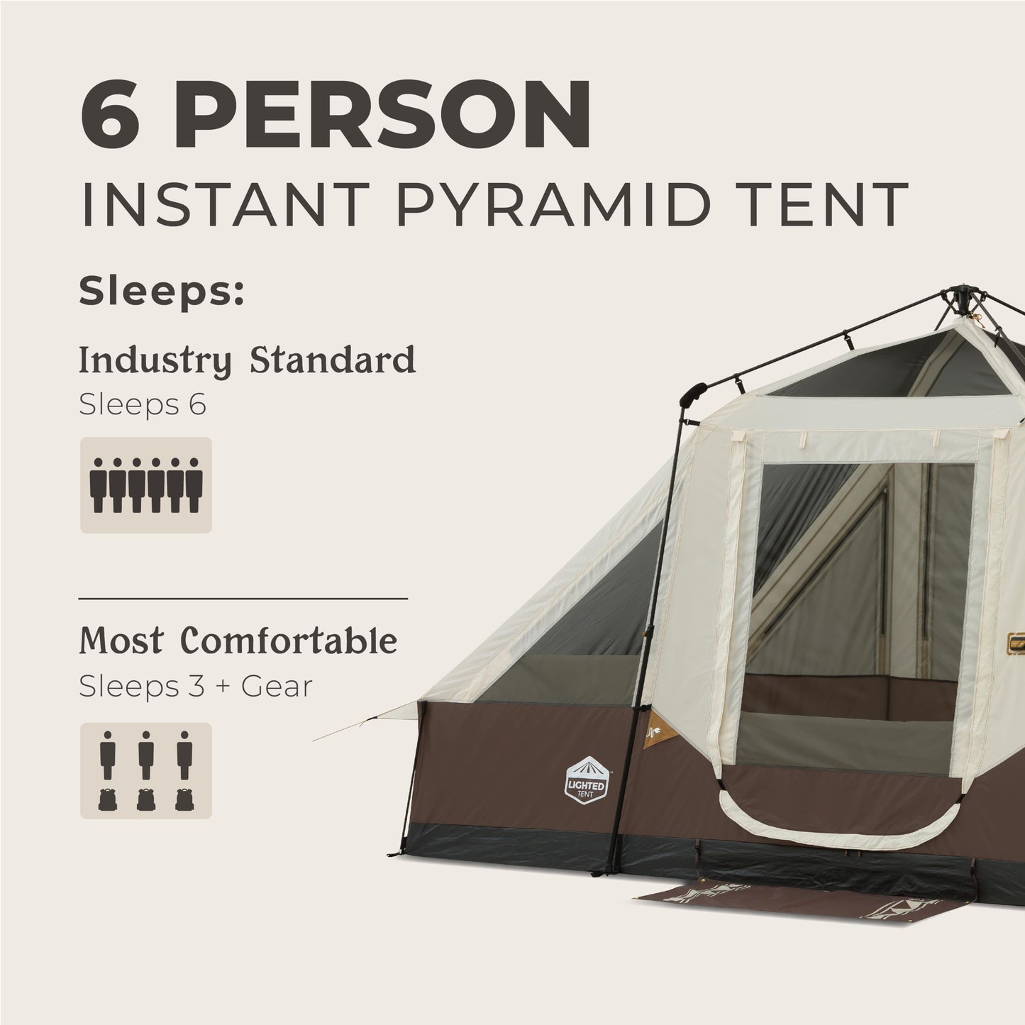 CORE 6 Person Instant Cabin Tent with LED Lights | Large Family Lighted Pop Up Tent with Carry Bag for Camping, Glamping, and Backyard Adventures | Included Storage Pockets for Camp Accessories