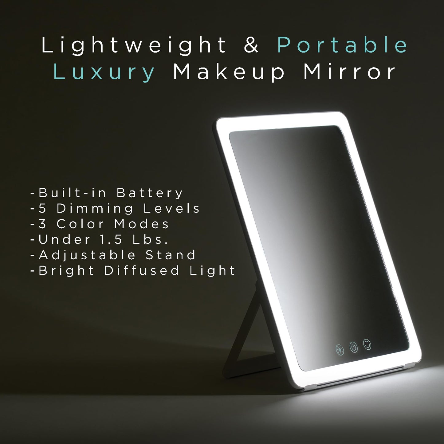 Ilios Lighting Rechargeable LED Portable Vanity Mirror — Simulates Daylight by 98%, 3 Color Modes, 5 Dimming Levels, Up to 125-Min Battery, USB-C, Touch Control, Adjustable Stand, Travel Makeup Mirror