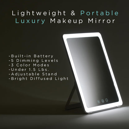 Ilios Lighting Rechargeable LED Portable Vanity Mirror — Simulates Daylight by 98%, 3 Color Modes, 5 Dimming Levels, Up to 125-Min Battery, USB-C, Touch Control, Adjustable Stand, Travel Makeup Mirror