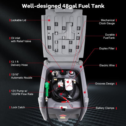 48 Gallon Portable Fuel Transfer Tank with 12V Electric Pump, 10GPM Flow, 13Ft Hose & Auto Nozzle – Diesel Transfer Tank for Trucks, Tractors, Boats, Generators – Gray