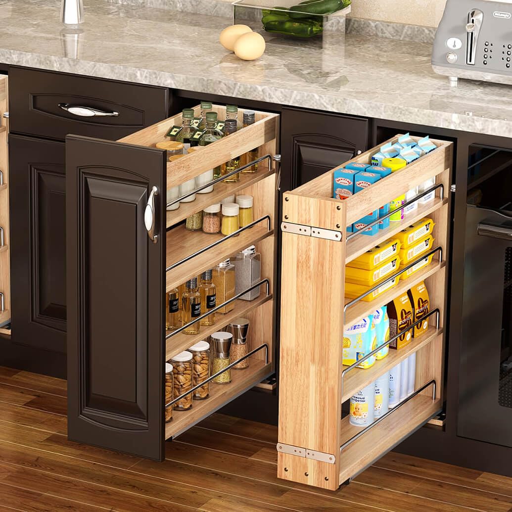 4 Tier Pull Out Spice Rack Holder Shelves (6.5" W x 22" D), spice organization for cabinet Storage Organization, pull out spice racks for inside cabinets