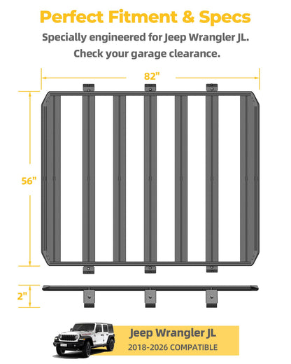 Trumgeta Roof Rack Platform Fit for Jeep Wrangler JL 2018-2026, 56" x 82" All Aluminum Rooftop Cargo Rack with T-Slot System, 1000 lbs Static Load, Overland Rack for Rooftop Tent Camping Gear