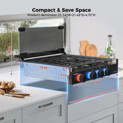 CAMPLUX Elite RV Stove 3 Burners, 21,000 BTU Propane Cooktop with Tempered Glass Cover & Flame Failure Protection, 21-Inch Slide-In Gas Rangetop for RVs, Campers, Motorhomes, and Boats, Black