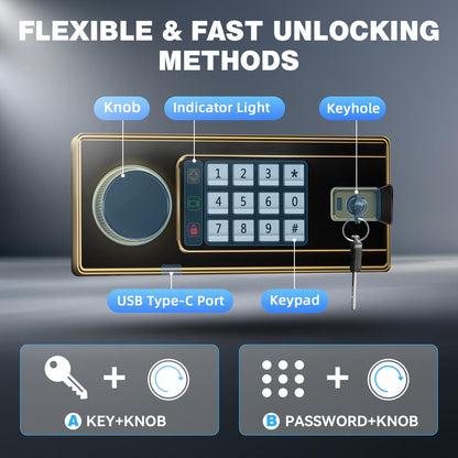 YAYAG 2.5 Cuft Home Safe Box Fireproof Waterproof, Anti-Theft Security Box with Emergency Type-C External Interface, Electronic Digital Keypad, Safety Personal Combination lock for Office Document