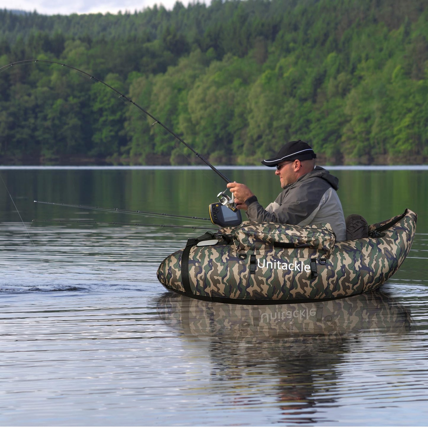 UNITACKLE Inflatable Float Tube, with Paddles, Fish Ruler, Air Pump, Storage Bag, Adjustable Shoulder Straps, Weight Capacity of 286 lbs, for Adults Fishing in Rivers and Lakes, Camo Military Green