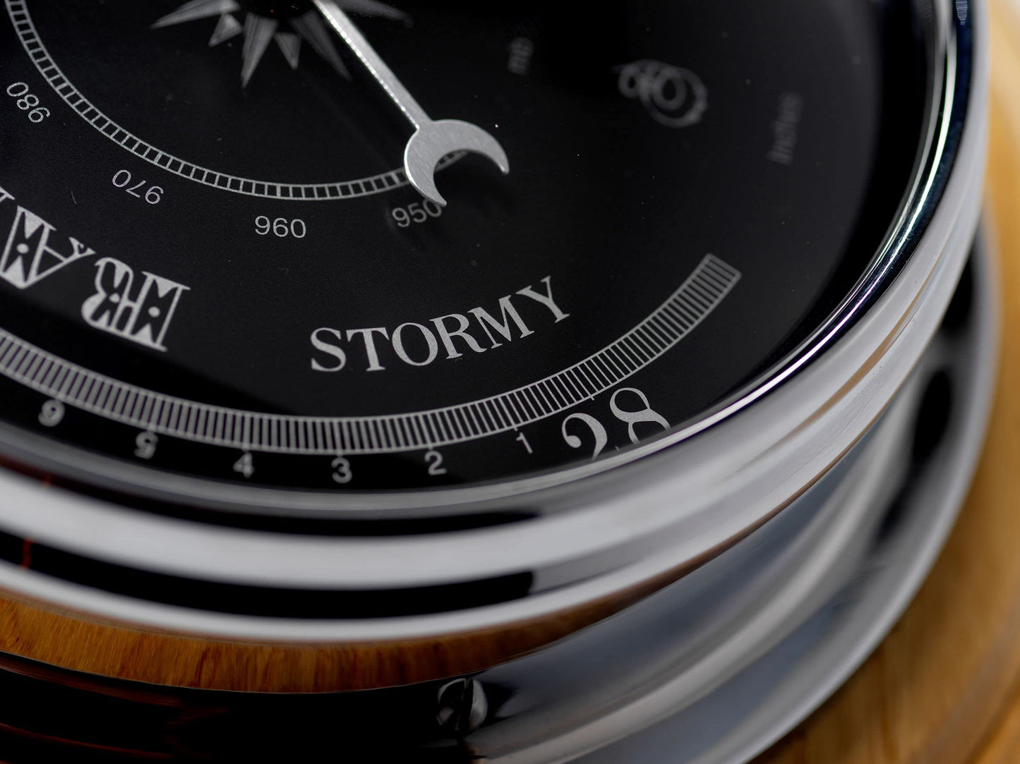 Tabic Prestige Traditional Chrome Barometer Handmade in England with Heavy Brass Case (1/2kg) - Electroplated Chromium Finish - Jet Black Dial - Solid English Oak Mount - Accurate Weather Forecasting