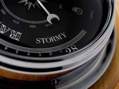 Tabic Prestige Traditional Chrome Barometer Handmade in England with Heavy Brass Case (1/2kg) - Electroplated Chromium Finish - Jet Black Dial - Solid English Oak Mount - Accurate Weather Forecasting