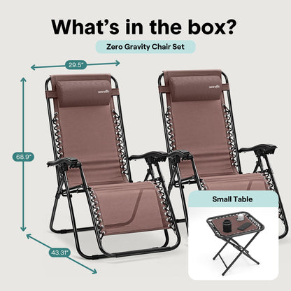 SereneLife Outdoor Zero Gravity Lounge Chair Set with Table – 2 Adjustable Recliners with Cup Holders, Headrest, Steel Frame & Foldable Design for Patio, Pool, Garden, or Camping