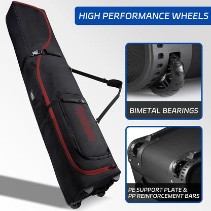 TurnWay Padded Ski Bag with Wheels for Air Travel, Double Rolling Snowboard Bag Heavy Duty Waterproof for Storage & Transportation of Snowboard/Ski Gear (Black-Red)