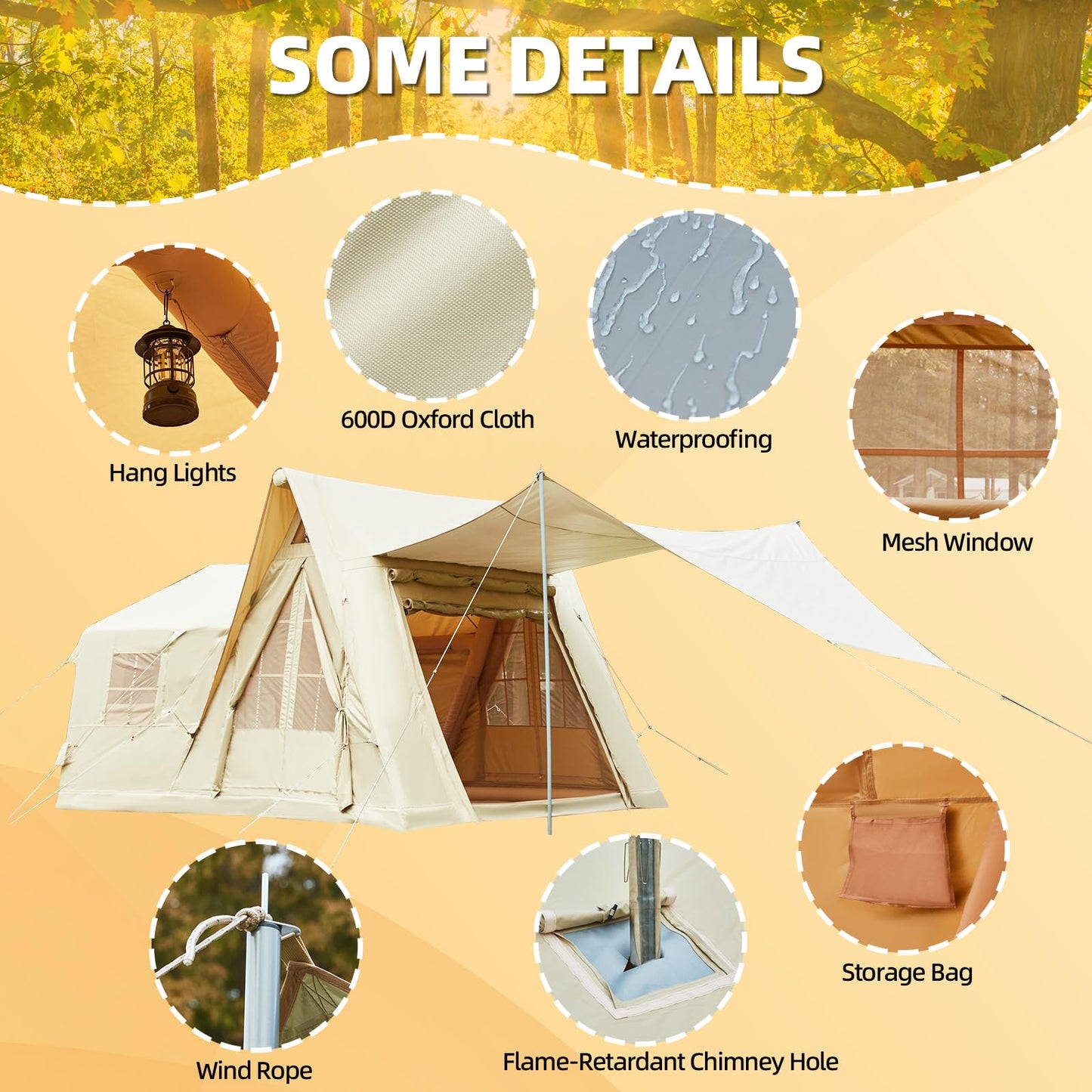 YOLENY 136 Sqft 8-10 People Inflatable Camping Tent with 4 Doors, Versatile Side Wall, Up to 8.7 Ft, 600D Oxford Cloth, AC Port, Stove Jack, Hand Pump, 4 Seasons