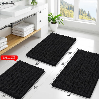 Smiry Bathroom Rugs - Extra Soft Chenille Bath Mat with Non-Slip Backing | 30x20 Inches, Black