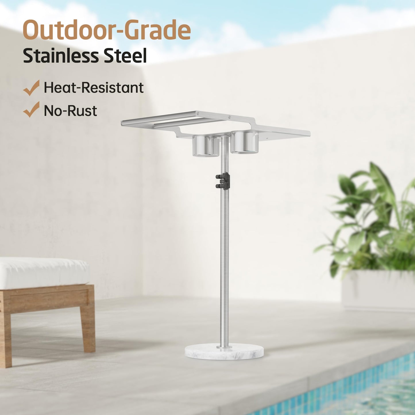 KES Adjustable Height Outdoor Towel Rack for Pool with Weighted Marble Base, 360° Swivel Hot Tub Towel Rack with Hot Tub Table & Drink Holders, 18/8 Stainless Steel, Fit Above Ground Pool, OTR201-2