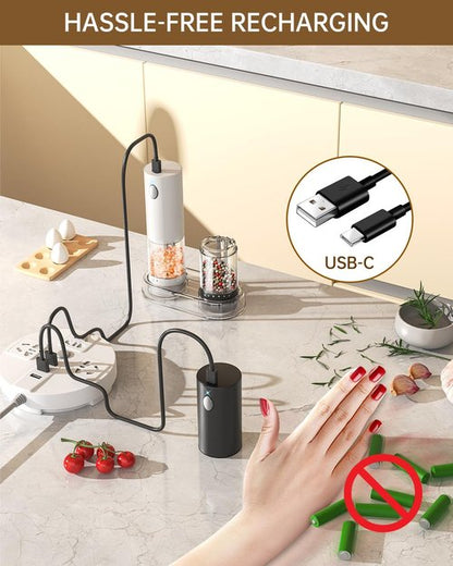 CIRCLE JOY Electric Salt and Pepper Grinder Set - Rechargeable Mills with 6-Level Coarseness & LED Light | Black & White