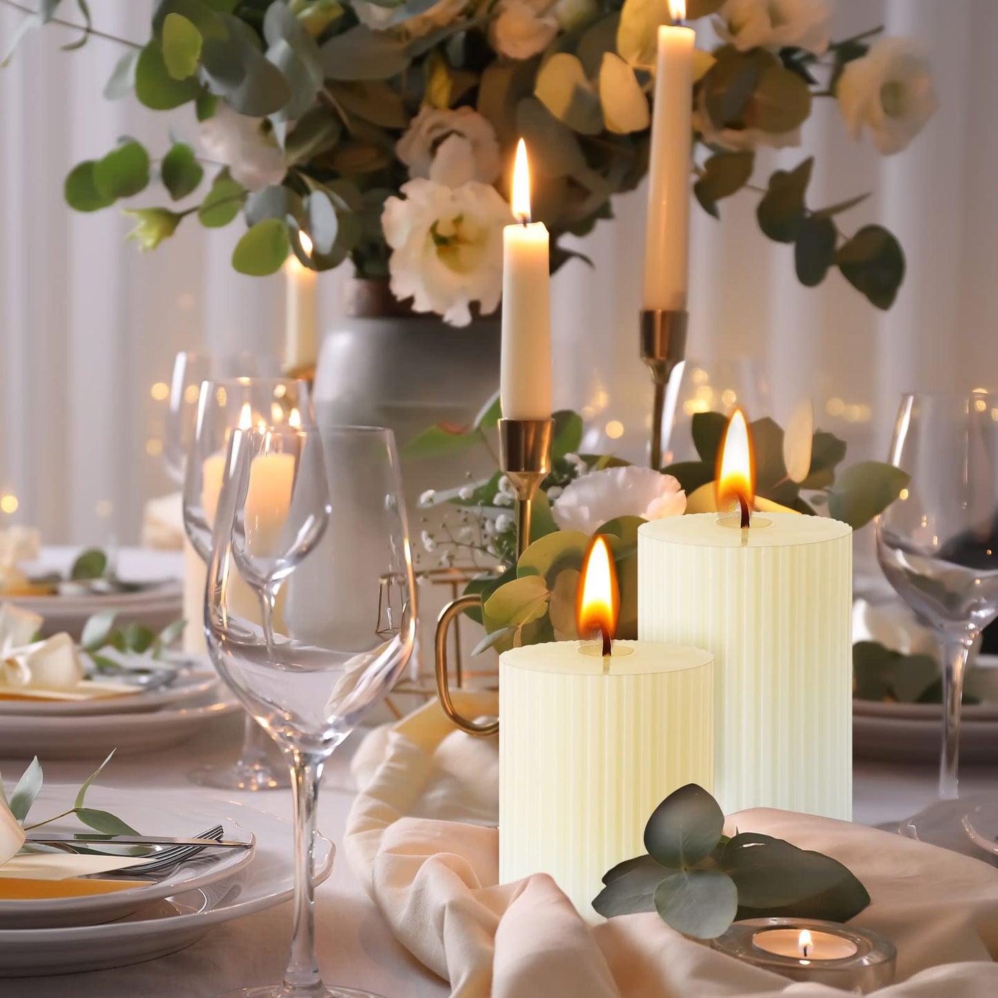 Set of 12 Ribbed Pillar Candles Soy Wax Home Decor Modern White Candles with Cotton Wick for Wedding Home Restaurants Spa Church Decoration