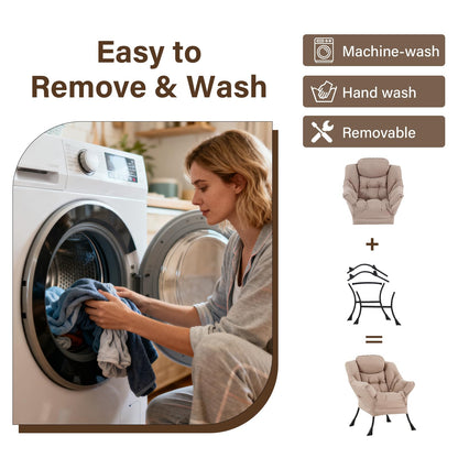 Welnow Lazy Chair with Ottoman, Modern Reading Accent Chair with Armrests and a Side Pocket, Leisure Upholstered Lazy Sofa Set with Footrest for Small Space, Khaki
