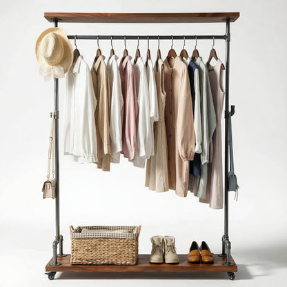 DOFURNILIM Industrial Pipe Clothing Racks, Rolling Garment Racks, Hall Tree on Lockable Wheels with Shelves and Shoes Storage, Heavy Duty Clothes Rack (Free Standing)