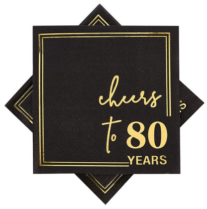 50 Count Black and Gold 80th Birthday Cocktail Napkins 5x5 Inch - Cheers to 80 Years 3-Ply Disposable Party Napkins for Anniversary, Wedding - Elegant Foil Accent Indoor Outdoor Celebrations