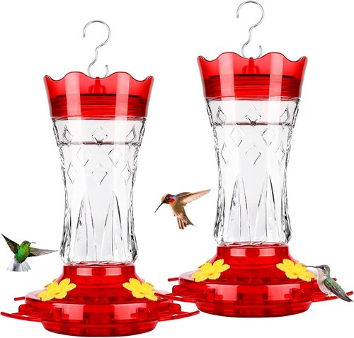 BOLITE Glass Hummingbird Feeders - 15 Ounce Leak-Proof Design with 4 Bee Guards & Ant Moat | Red Stars Decor, 2 Pack