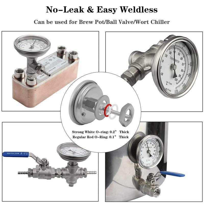 3" Dial 2" Probe FERRODAY 1/2 NPT Stainless Steel Dial Thermometer 1/2 NPT Homebrew Kettle Thermometer Weldless w/O-Rings 0-220ºF Kettle Stainless Steel Brew Pot Thermometer