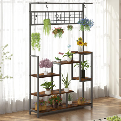 GarveeLife Plant Shelf with Grow Light, Tall Plant Stand Indoor, 7 Tiered Large Metal Shelf with Hanging Hooks, Multi-Purpose Display Rack, Flower Bonsai Pots Organizer for Balcony, Living Room