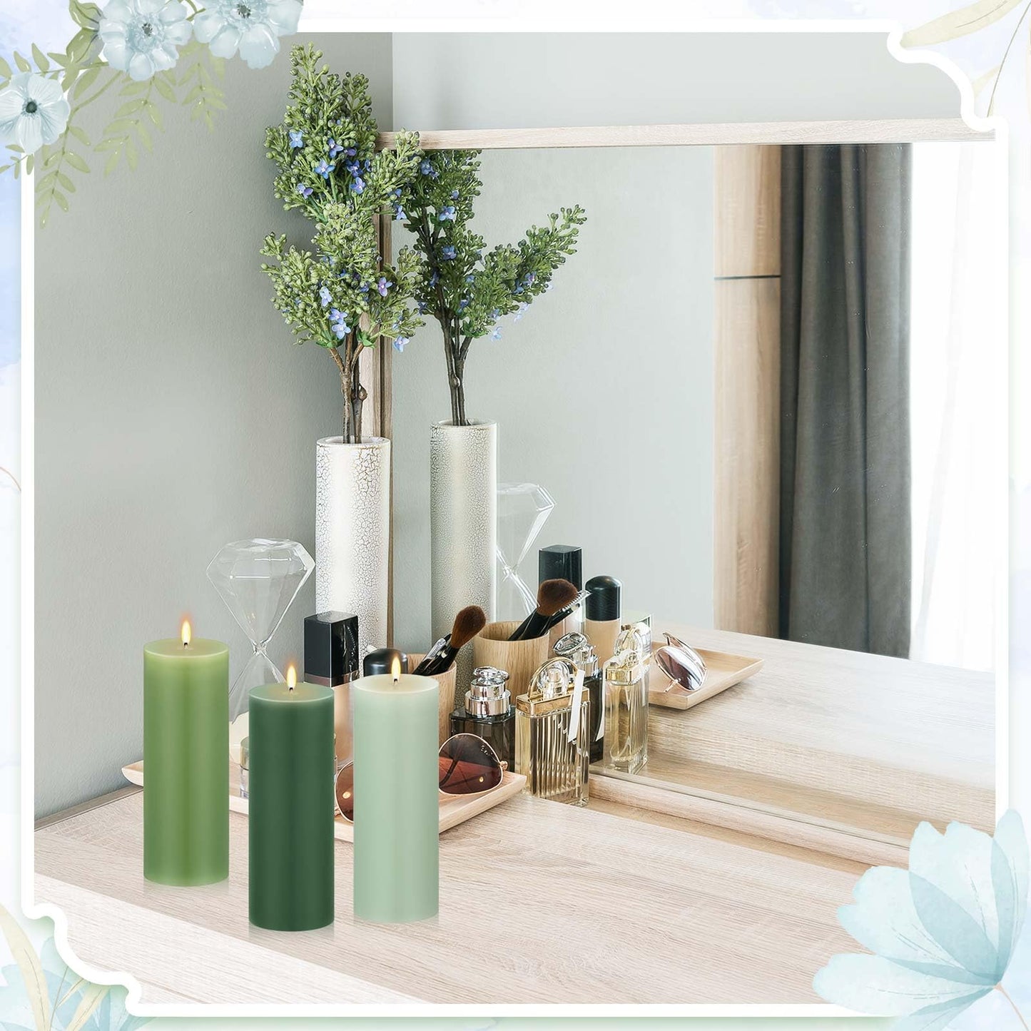 Conelist Set of 6 Gradient Green Pillar Candles 2 x 6 Inch Decorative Unscented Column Candles for Wedding Thanksgiving Christmas Holiday Church Dinner Table Home Relaxation Spa Decor