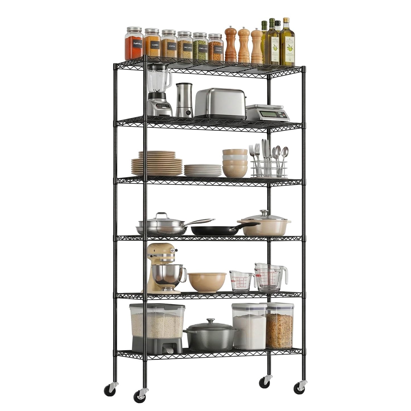 PayLessHere | 6-Tier Wire Shelf with Wheels | 45"x18"x82" | Black | Adjustable Racks | Heavy-Duty Storage Shelves, Holds Upto 510 lbs | Rust-Resistant, No-Tool Assembly | for Home, Garage Shelving