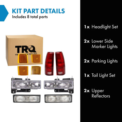 TRQ 10 Piece Driver and Passenger Side Headlight Parking Light Lower Side Marker Light Upper Reflectors Tail Assembly Set Compatible with 94-99 Chevy C1500 K1500 Suburban C1500 C2500 K1500 K2500