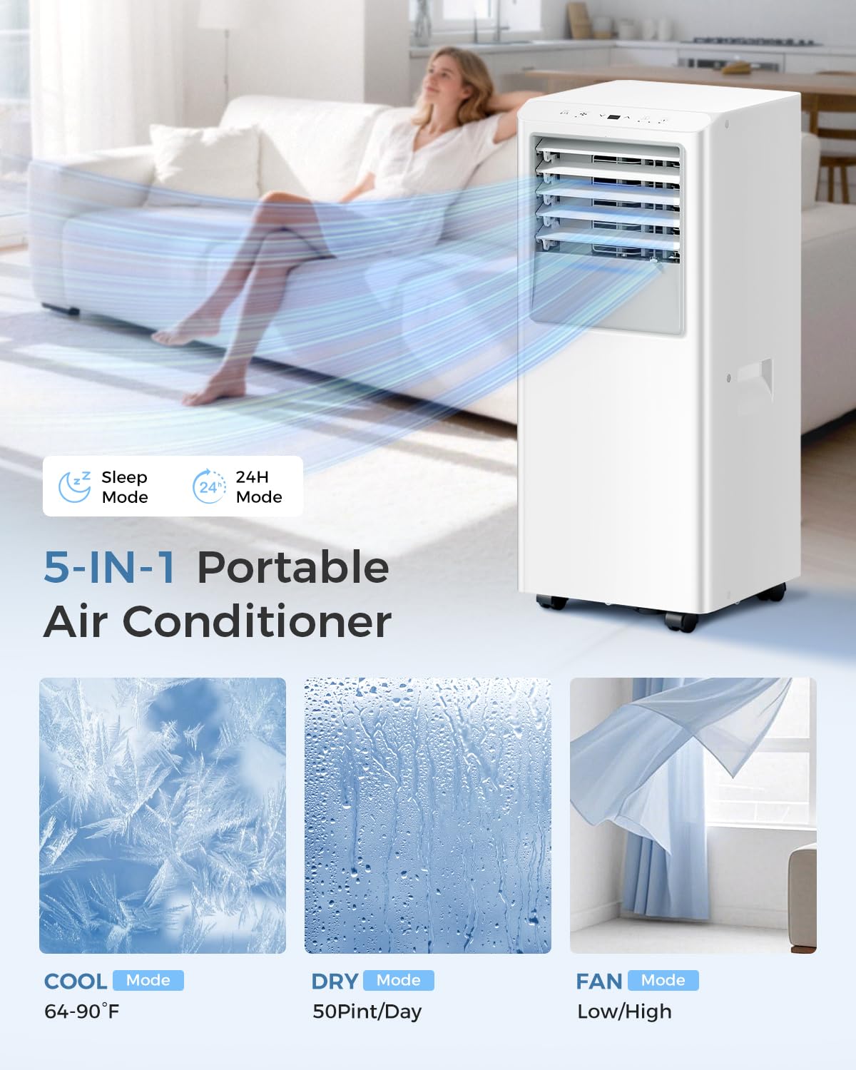 Energlow 8000 BTU Portable Air Conditioner, 5-in-1 Cools 350 Sq.Ft, Quiet AC Unit with Fan & Dehumidifier, LED Display, Remote, 24H Timer, Window Kit, for Bedroom/Office/Dorms/Apartment