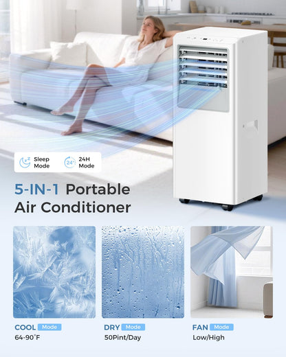 Energlow 8000 BTU Portable Air Conditioner, 5-in-1 Cools 350 Sq.Ft, Quiet AC Unit with Fan & Dehumidifier, LED Display, Remote, 24H Timer, Window Kit, for Bedroom/Office/Dorms/Apartment