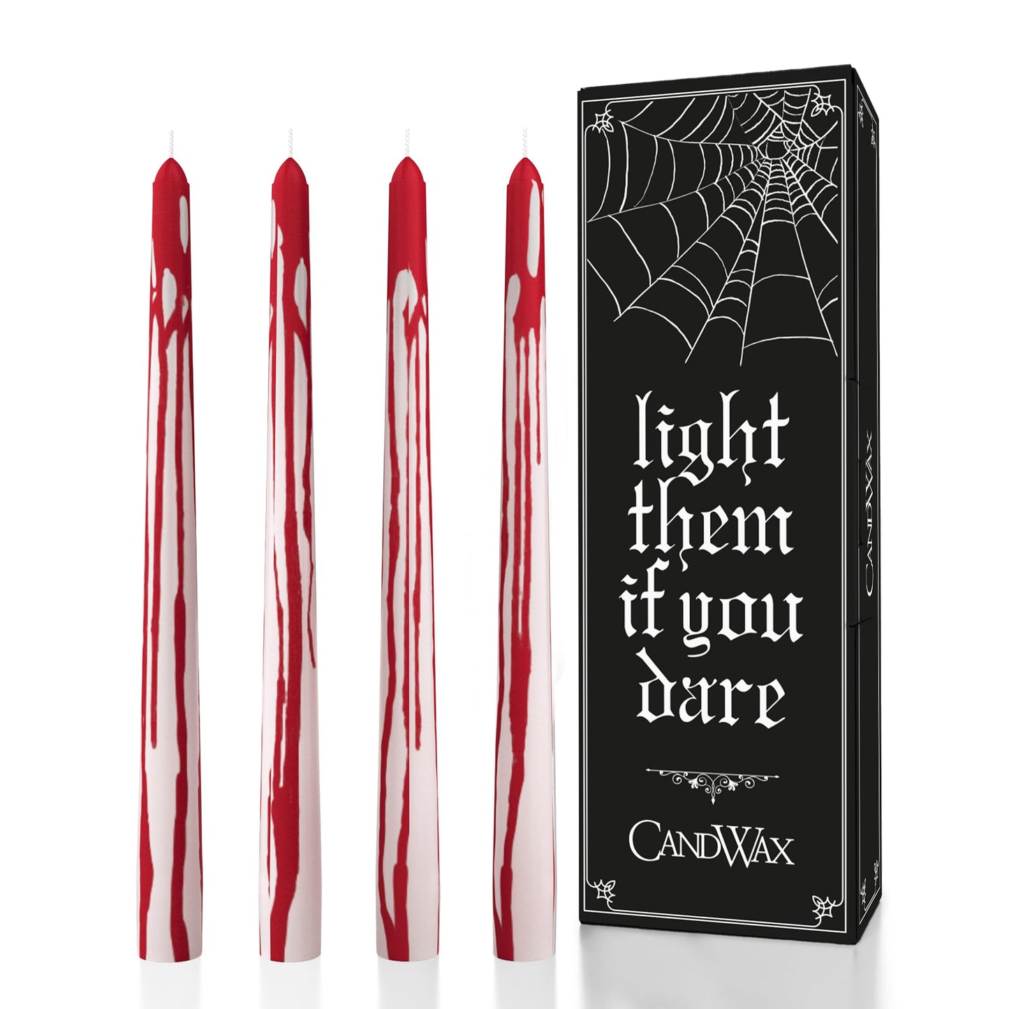 CANDWAX 10 inch Taper Candles Set of 4 - Unscented Taper Burning for 8 Hours - No Drip Taper Candles Ideal for Halloween or Other Themed Party - Blood White