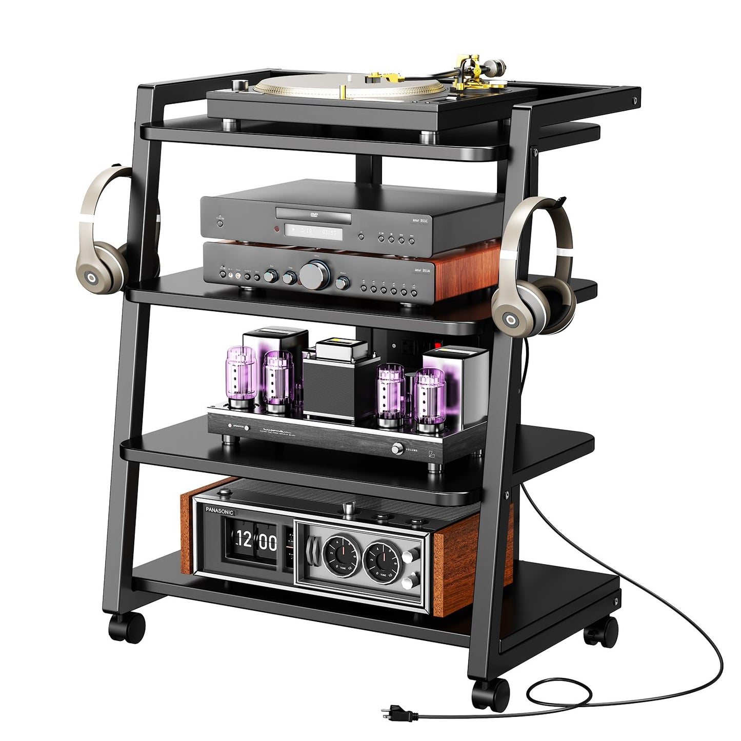 CABTE Mobile AV Media Stand with Outlets and 4 Rolling Caster Wheels, 4-Tier Rolling TV Stand for Gaming Console, Stereo, DVD Player, Sturdy Metal Frame, Versatile Living Room,Bedroom (Black)