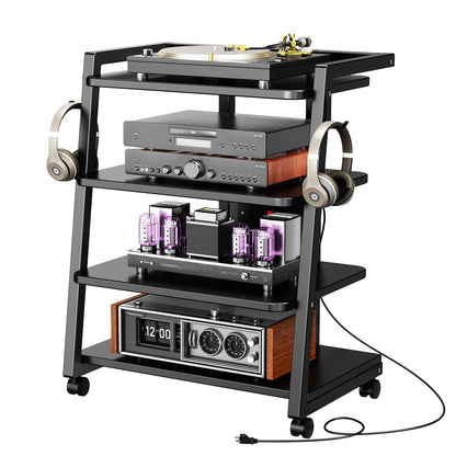 CABTE Mobile AV Media Stand with Outlets and 4 Rolling Caster Wheels, 4-Tier Rolling TV Stand for Gaming Console, Stereo, DVD Player, Sturdy Metal Frame, Versatile Living Room,Bedroom (Black)