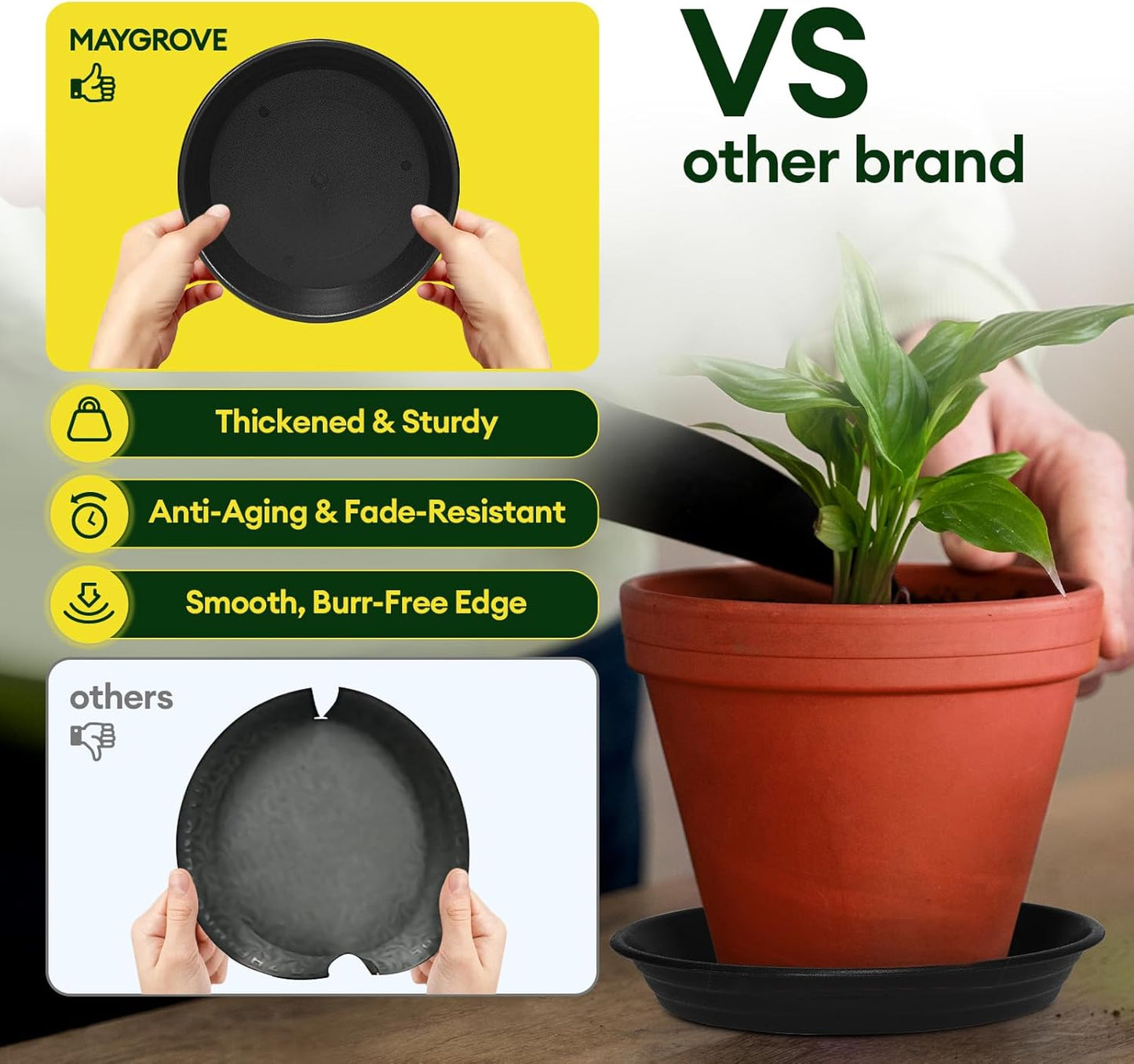 Maygrove Plant Saucers - Heavy Duty 6 Pack for Indoor & Outdoor Use | 8, 10, 12 Inch Black Trays