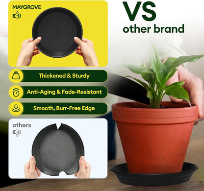 Maygrove Plant Saucers - Heavy Duty 6 Pack for Indoor & Outdoor Use | 8, 10, 12 Inch Black Trays