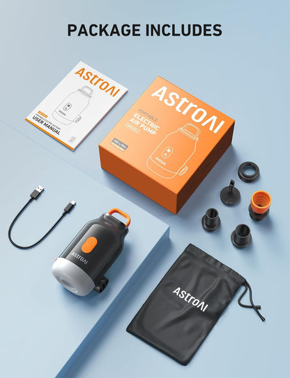 AstroAI Mini Air Pump - 3000mAh Battery Inflatable Mattress Pump with Camping Lantern & 5 Nozzles