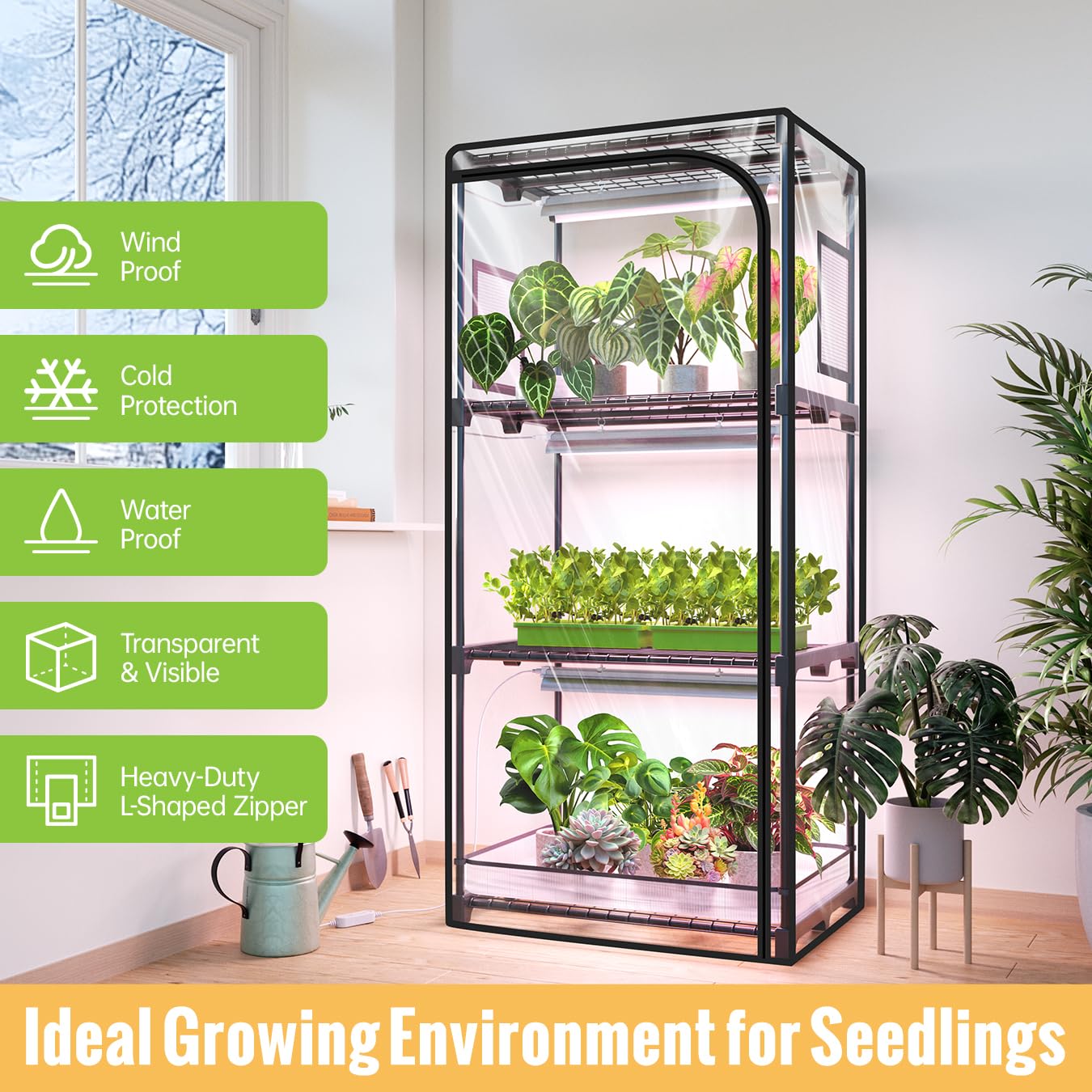 SpeePlant Indoor Greenhouse with Grow Light, 4-Tier Plant Stand with Zippered PVC Tent, Ventilation Window, Bottom Pouch, 20W Full Spectrum Plant Light with Timer for Seed Starting, 27"L x 19"W x 59"H