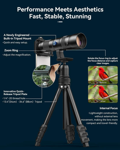 20-60X Zoom Telephoto Lens, Evil Eye High Power HD Telephoto Phone Lens with Tripod and Universal Phone Clip for iPhone 16/15/14/13 Series, Samsung, Android Phone and Most Smartphone