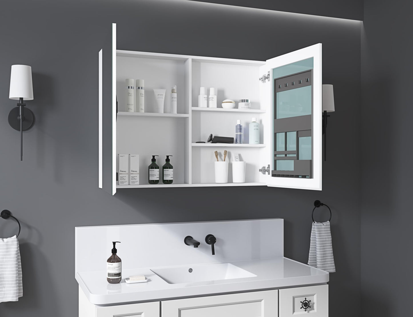THNIKRE 40"x30" Bathroom Medicine Cabinet with Mirror, Wall Cabinet with 3X Adjustable Height & Angle Magnifier, Behind Door Storage, Wooden Storage Shelves, HD Shatter-Proof Mirror