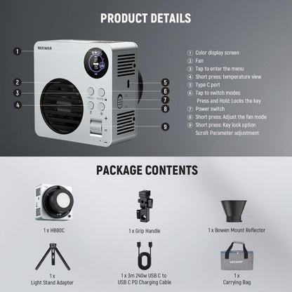 NEEWER HB80C RGBWW LED Video Light with Built-in 72Wh Battery & 100W PD Fast Charging, 80W Mini RGB COB Continuous Output Lighting Bowens Mount Handheld Spotlight 2500K-7500K, 10400lux/m, 18 Effects