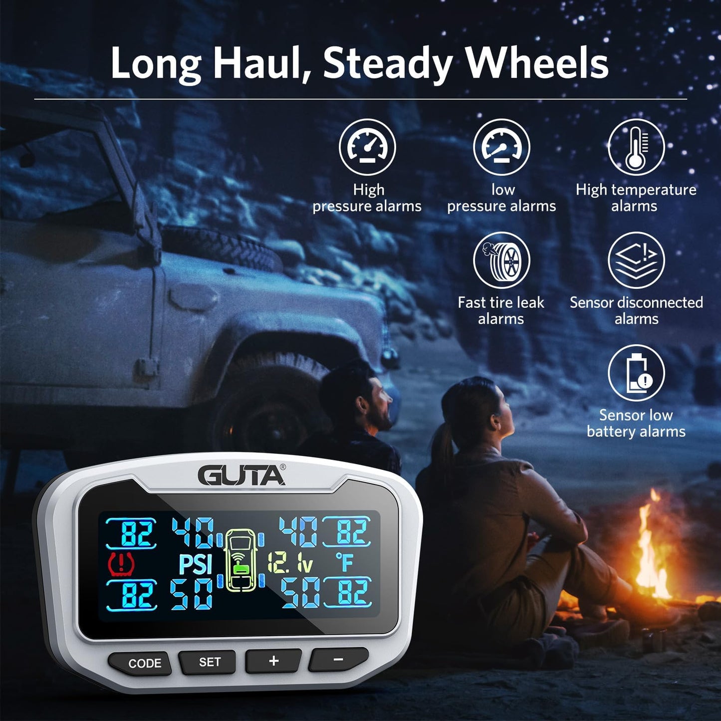 GUTA RV Tire Pressure Monitoring System, Trailer TPMS, 6 Sensors, 6 Alert Modes, Long Range Signal, CLA Charging & 2 USB-A Outputs, Adjustable LCD Display, Ideal for RV Truck Trailer Camper (0-188psi)