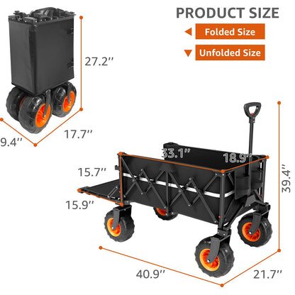 Collapsible Wagon Heavy Duty Foldable 200L Large Garden Utility Cart, 10" Big Wheels All Terrain, 800lbs Collapsible Wagons Carts with Extended Tailgate for Camping Beach