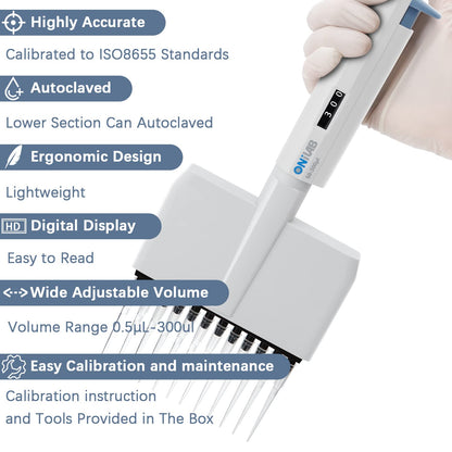ONiLAB Lab Micropipette, Adjustable Volume 12-Channel Multichannel Pipettors, 50-300μl