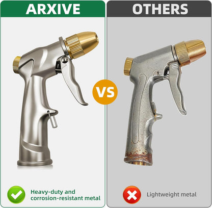 ARXIVE Heavy Duty Metal Garden Hose Nozzle - 4 Adjustable Spray Patterns for Lawn, Car, and Pet Care