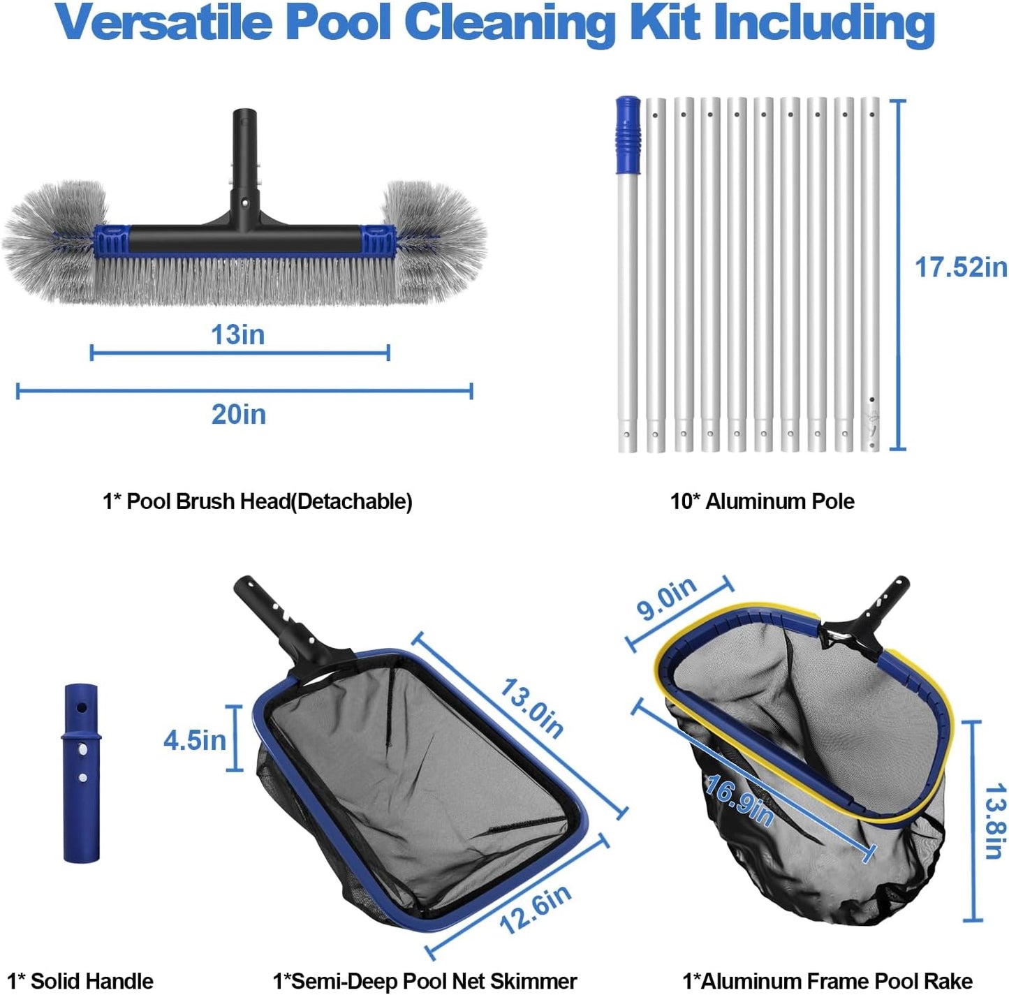Poolvio 5-in-1 Pool Cleaning Kit - Semi-Deep Skimmer Net, Aluminum Leaf Rake & 20' Brush with 13ft Pole